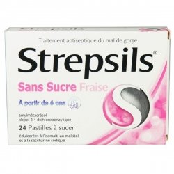 Strepsils Fraise Sans Sucre 24 Pastilles à sucer