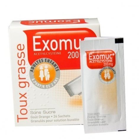 Exomuc 200 mg Toux Grasse Orange Sans Sucre 24 Sachets pas cher, discount