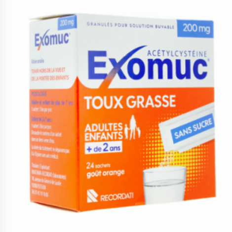 Exomuc 200 mg Toux Grasse Orange Sans Sucre 24 Sachets pas cher, discount