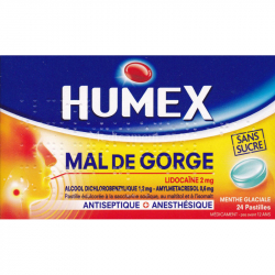 Humex Mal De Gorge Lidocaïne 2mg Sans Sucre Menthe x24 Pastilles